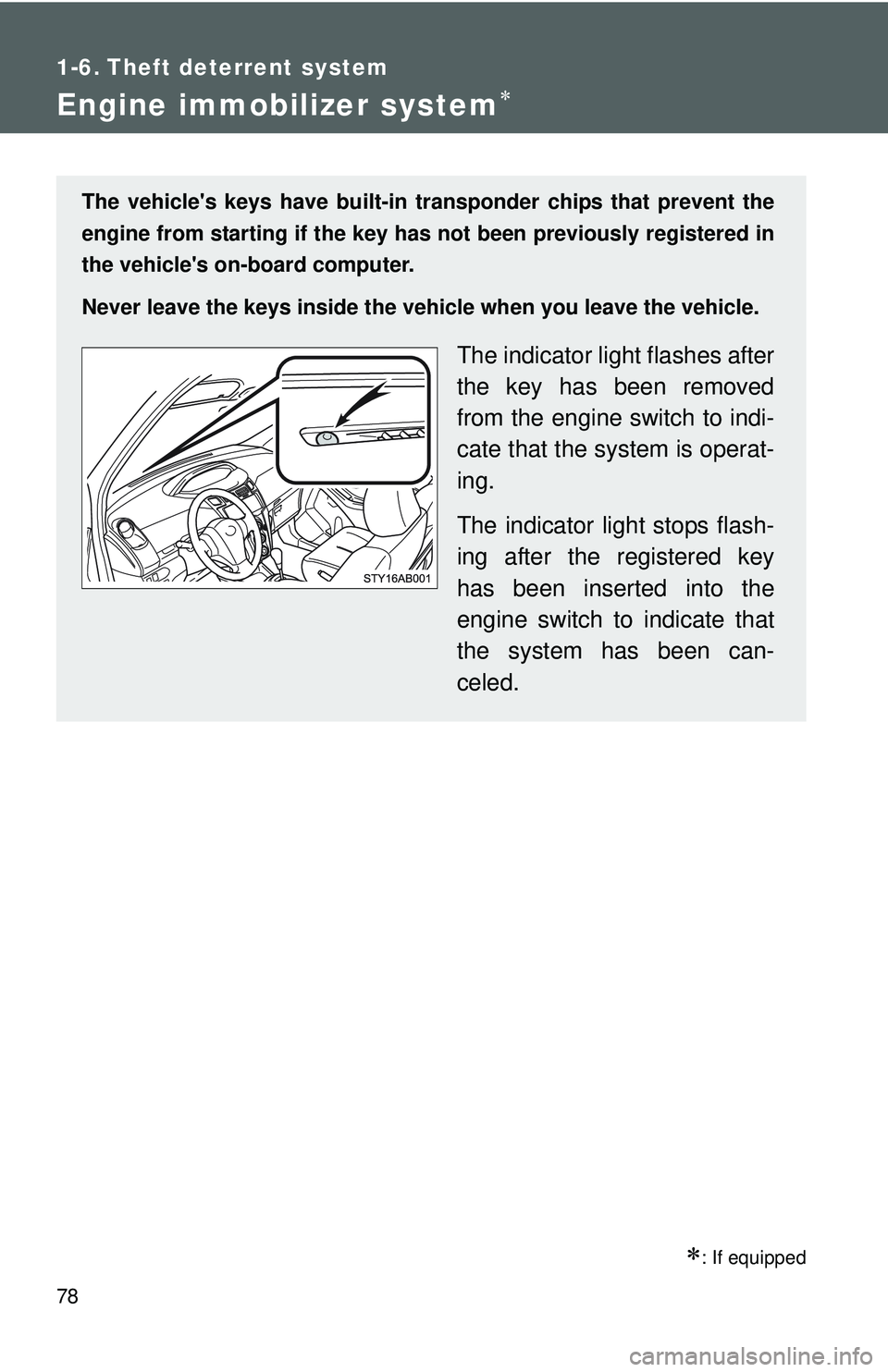 TOYOTA YARIS HATCHBACK 2011  Owners Manual 78
1-6. Theft deterrent system
Engine immobilizer system∗
∗: If equipped
The vehicles keys have built-in transponder chips that prevent the
engine from starting if the key has  not been previousl