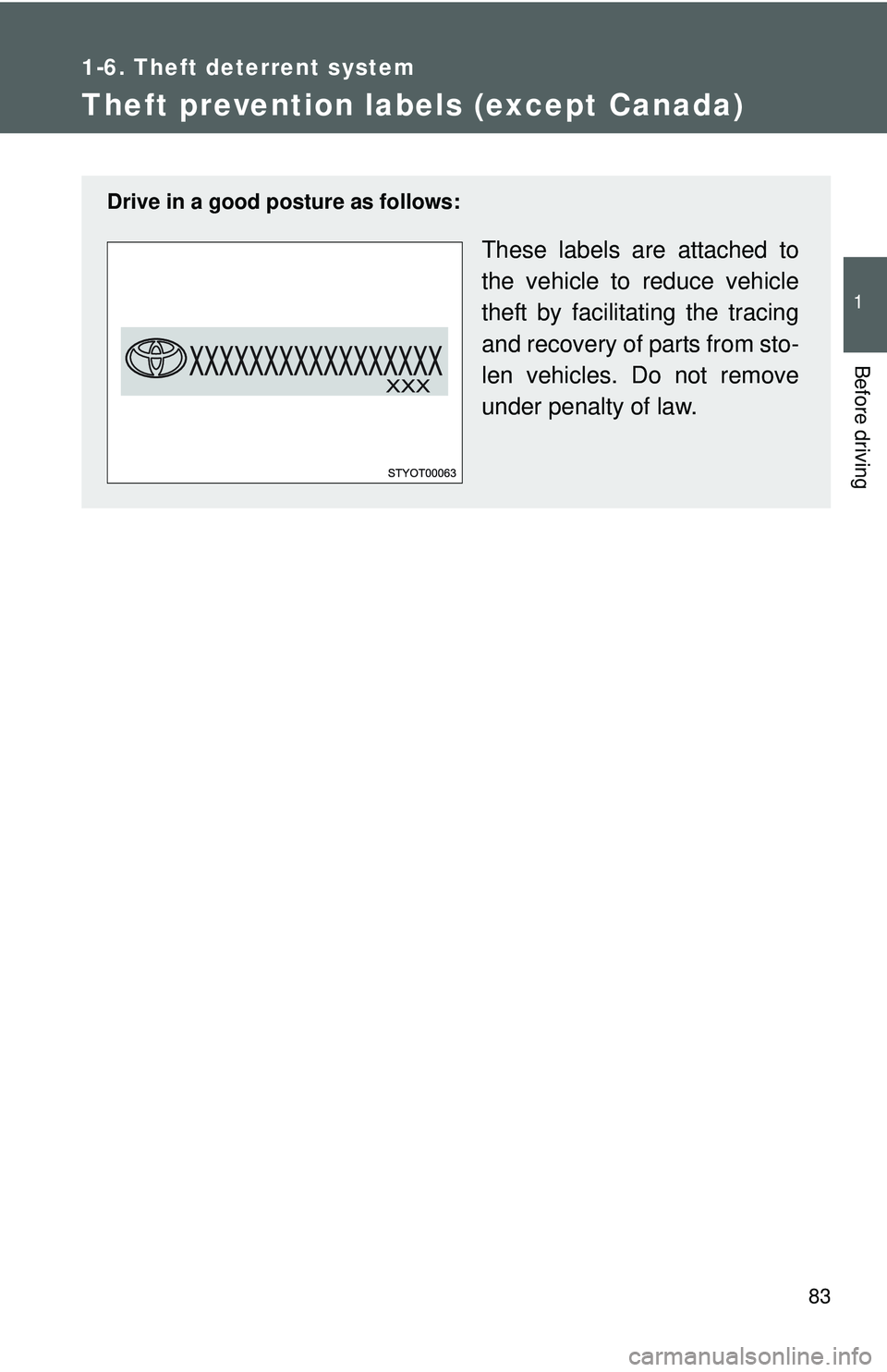 TOYOTA YARIS HATCHBACK 2011  Owners Manual 83
1
1-6. Theft deterrent system
Before driving
Theft prevention labels (except Canada)
Drive in a good posture as follows:
These labels are attached to
the vehicle to reduce vehicle
theft by facilita