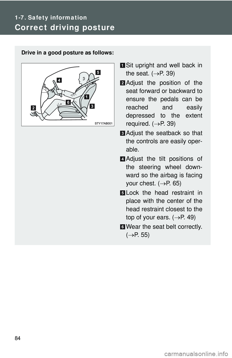TOYOTA YARIS HATCHBACK 2011  Owners Manual 84
1-7. Safety information
Correct driving posture
Drive in a good posture as follows:
Sit upright and well back in
the seat. (→P.  3 9 )
Adjust the position of the
seat forward or backward to
ensur