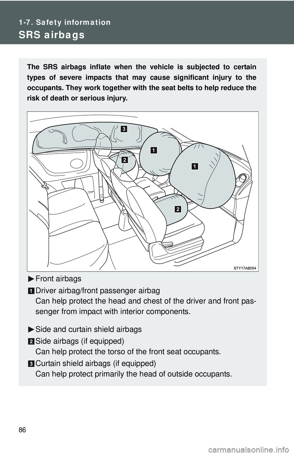 TOYOTA YARIS HATCHBACK 2011  Owners Manual 86
1-7. Safety information
SRS airbags
The SRS airbags inflate when the vehicle is subjected to certain
types of severe impacts that may  cause significant injury to the
occupants. They work together 