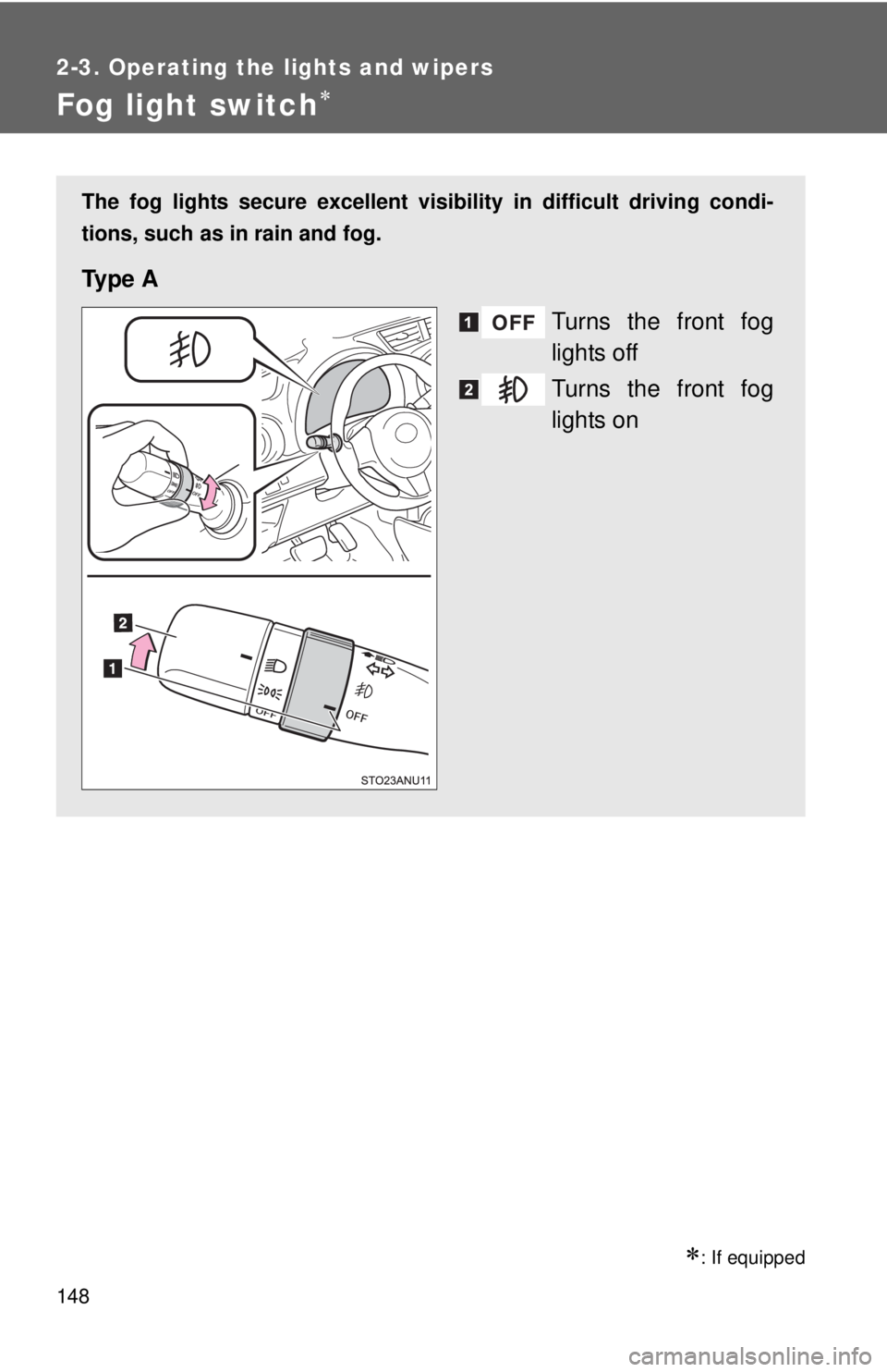 TOYOTA YARIS HATCHBACK 2012  Owners Manual 148
2-3. Operating the lights and wipers
Fog light switch∗
∗: If equipped
The fog lights secure excellent visibility in difficult driving condi-
tions, such as in rain and fog.
Ty p e  A
Turns the