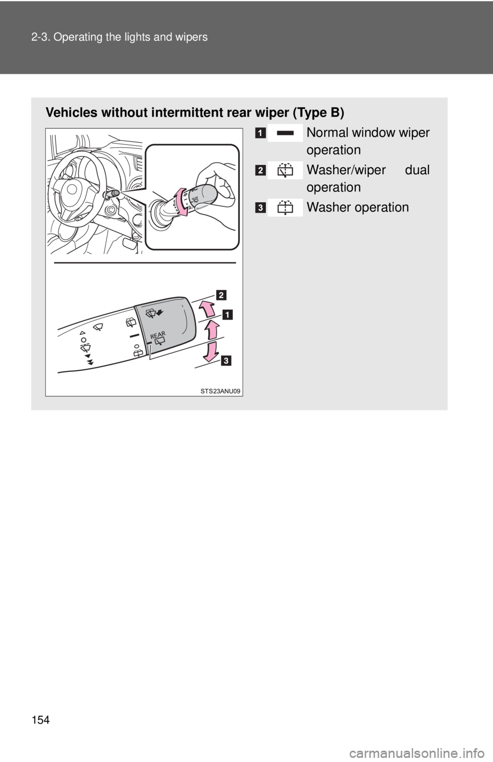 TOYOTA YARIS HATCHBACK 2012  Owners Manual 154 2-3. Operating the lights and wipers
Vehicles without intermittent rear wiper (Type B)
Normal window wiper
operation
Washer/wiper dual
operation
Washer operation 