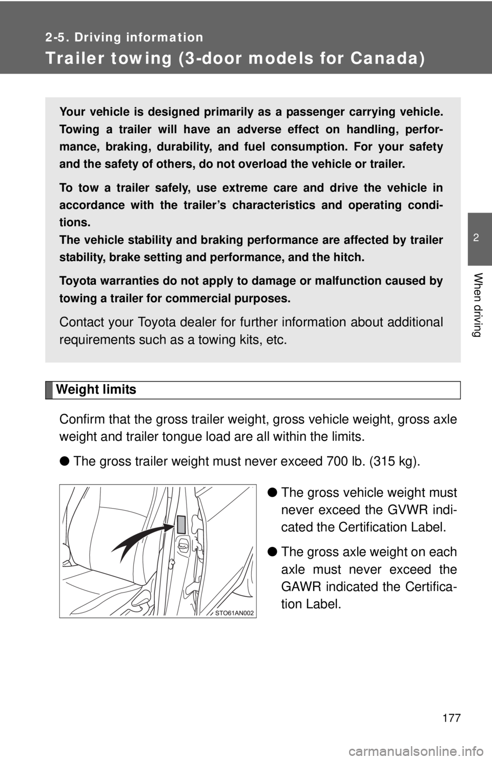 TOYOTA YARIS HATCHBACK 2012 Owners Manual 177
2-5. Driving information
2
When driving
Trailer towing (3-door models for Canada)
Weight limitsConfirm that the gross trailer weig ht, gross vehicle weight, gross axle
weight and trailer tongue lo TOYOTA YARIS HATCHBACK 2012 Owners Manual 177
2-5. Driving information
2
When driving
Trailer towing (3-door models for Canada)
Weight limitsConfirm that the gross trailer weig ht, gross vehicle weight, gross axle
weight and trailer tongue lo