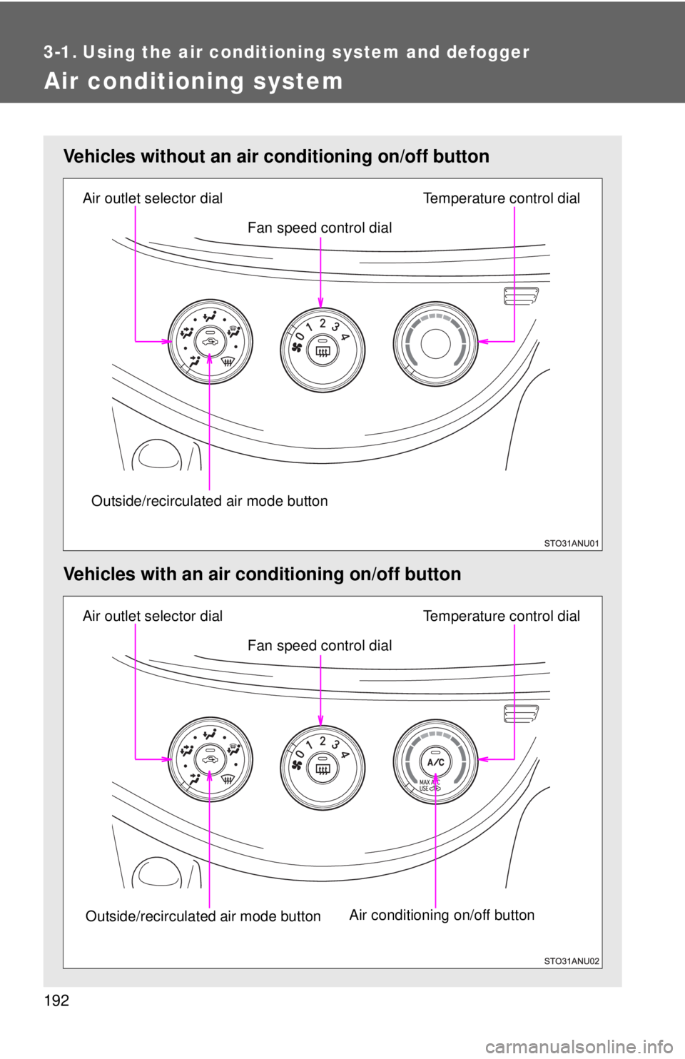 TOYOTA YARIS HATCHBACK 2012 Owners Manual 192
3-1. Using the air conditioning system and defogger
Air conditioning system
Vehicles without an air conditioning on/off button
Vehicles with an air conditioning on/off button
Fan speed control dia TOYOTA YARIS HATCHBACK 2012 Owners Manual 192
3-1. Using the air conditioning system and defogger
Air conditioning system
Vehicles without an air conditioning on/off button
Vehicles with an air conditioning on/off button
Fan speed control dia