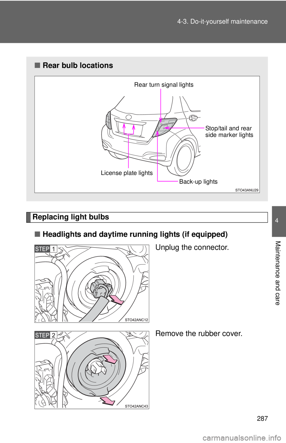 TOYOTA YARIS HATCHBACK 2012  Owners Manual 287
4-3. Do-it-yourself maintenance
4
Maintenance and care
Replacing light bulbs
■ Headlights and daytime r unning lights (if equipped)
Unplug the connector.
Remove the rubber cover.
■Rear bulb lo