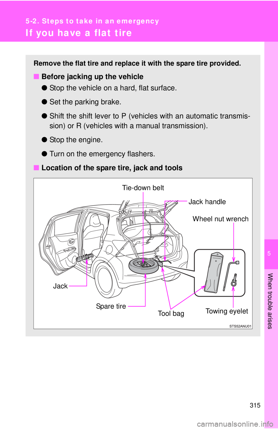 TOYOTA YARIS HATCHBACK 2012 Owners Manual 5
When trouble arises
315
5-2. Steps to take in an emergency
If you have a flat tire
Remove the flat tire and replace it with the spare tire provided.
■Before jacking up the vehicle
●Stop the vehi TOYOTA YARIS HATCHBACK 2012 Owners Manual 5
When trouble arises
315
5-2. Steps to take in an emergency
If you have a flat tire
Remove the flat tire and replace it with the spare tire provided.
■Before jacking up the vehicle
●Stop the vehi