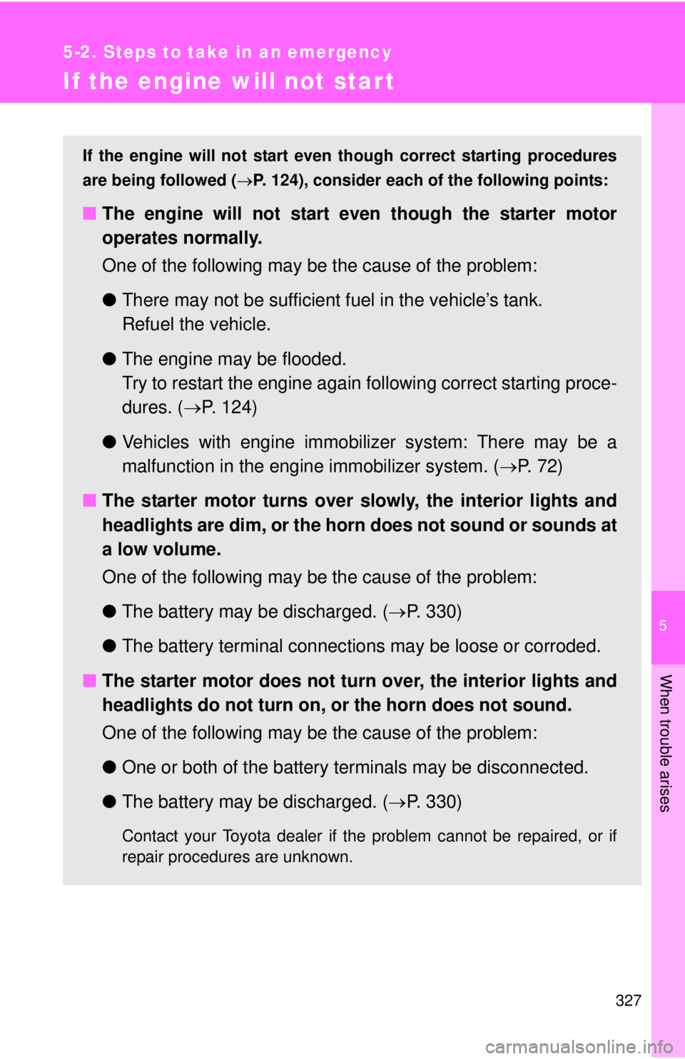 TOYOTA YARIS HATCHBACK 2012 Owners Manual 5
When trouble arises
327
5-2. Steps to take in an emergency
If the engine will not start
If the engine will not start even though correct starting procedures
are being followed ( →P. 124), consider TOYOTA YARIS HATCHBACK 2012 Owners Manual 5
When trouble arises
327
5-2. Steps to take in an emergency
If the engine will not start
If the engine will not start even though correct starting procedures
are being followed ( →P. 124), consider