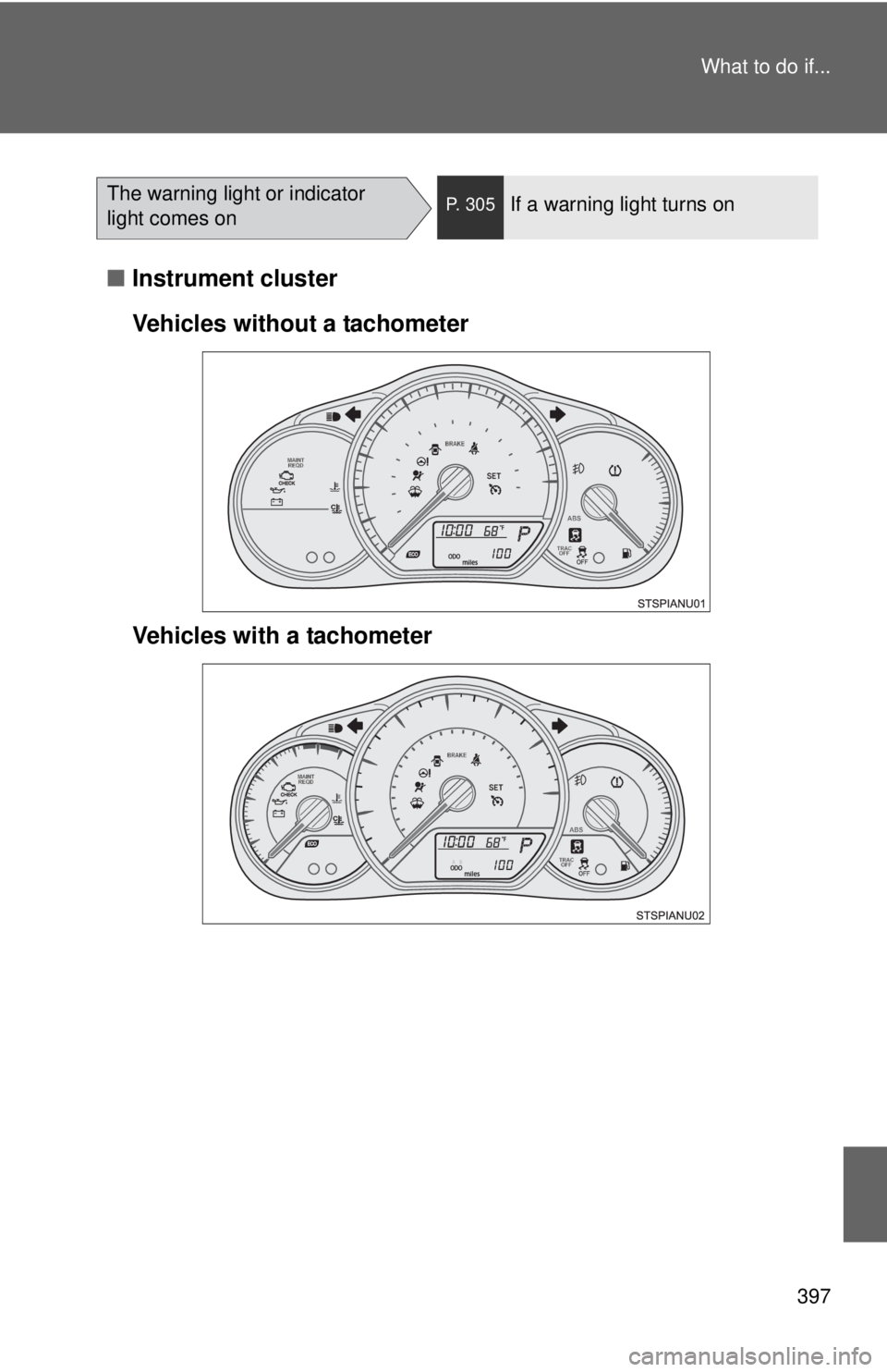 TOYOTA YARIS HATCHBACK 2012 Owners Manual 397
What to do if...
■
Instrument cluster
Vehicles without a tachometer
Vehicles with a tachometer
The warning light or indicator
light comes onP. 305If a warning light turns on TOYOTA YARIS HATCHBACK 2012 Owners Manual 397
What to do if...
■
Instrument cluster
Vehicles without a tachometer
Vehicles with a tachometer
The warning light or indicator
light comes onP. 305If a warning light turns on