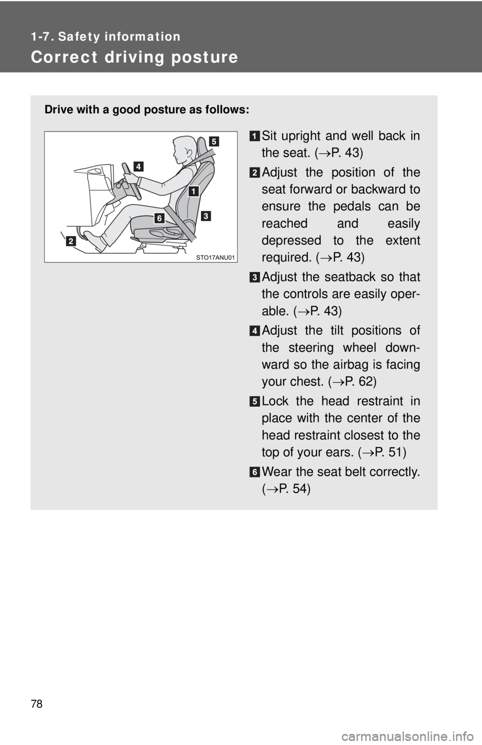 TOYOTA YARIS HATCHBACK 2012 Workshop Manual 78
1-7. Safety information
Correct driving posture
Drive with a good posture as follows:
Sit upright and well back in
the seat. (→P. 4 3 )
Adjust the position of the
seat forward or backward to
ens TOYOTA YARIS HATCHBACK 2012 Workshop Manual 78
1-7. Safety information
Correct driving posture
Drive with a good posture as follows:
Sit upright and well back in
the seat. (→P. 4 3 )
Adjust the position of the
seat forward or backward to
ens