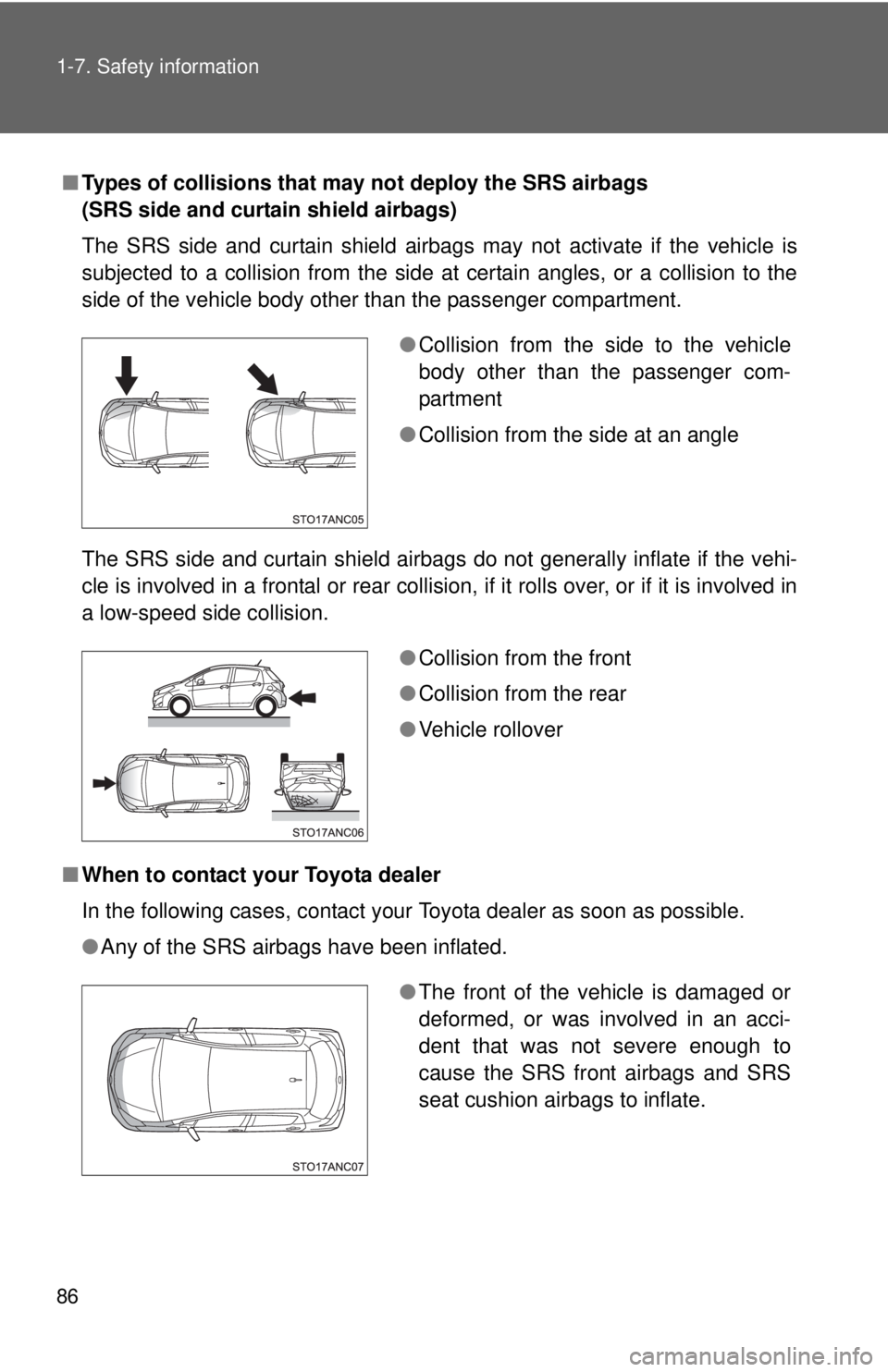 TOYOTA YARIS HATCHBACK 2012 Repair Manual 86 1-7. Safety information
■Types of collisions that may not deploy the SRS airbags
(SRS side and curtain shield airbags)
The SRS side and curtain shield airbags may not activate if the vehicle is
TOYOTA YARIS HATCHBACK 2012 Repair Manual 86 1-7. Safety information
■Types of collisions that may not deploy the SRS airbags
(SRS side and curtain shield airbags)
The SRS side and curtain shield airbags may not activate if the vehicle is