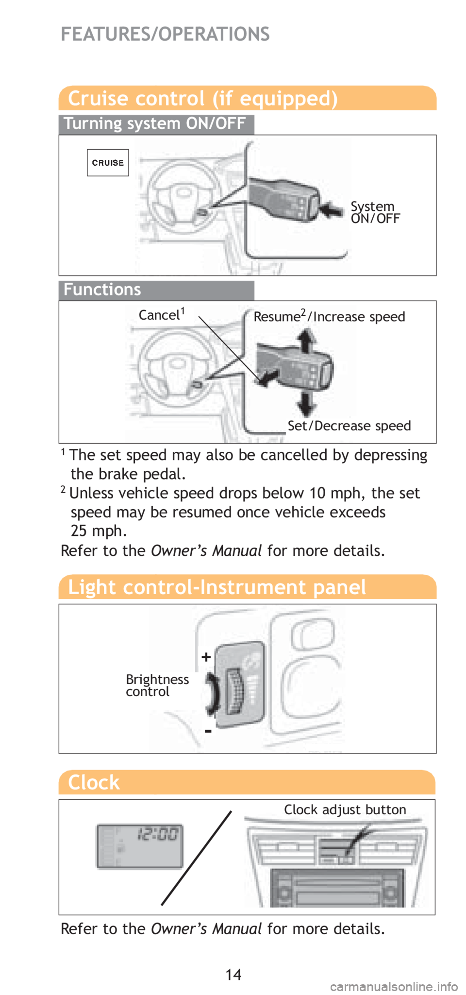 TOYOTA YARIS SEDAN 2008 User Guide 14
FEATURES/OPERATIONS
Cruise control (if equipped)
1 The set speed may also be cancelled by depressing the brake pedal.
2 Unless vehicle speed drops below 10 mph, the set speed may be resumed once ve