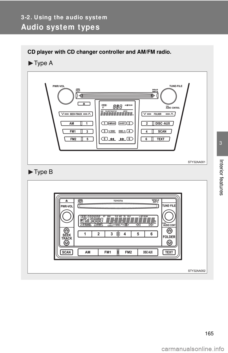 TOYOTA YARIS SEDAN 2008  Owners Manual 165
3
Interior features
3-2. Using the audio system
Audio system types 
CD player with CD changer controller and AM/FM radio.
Ty p e  A
Ty p e  B 