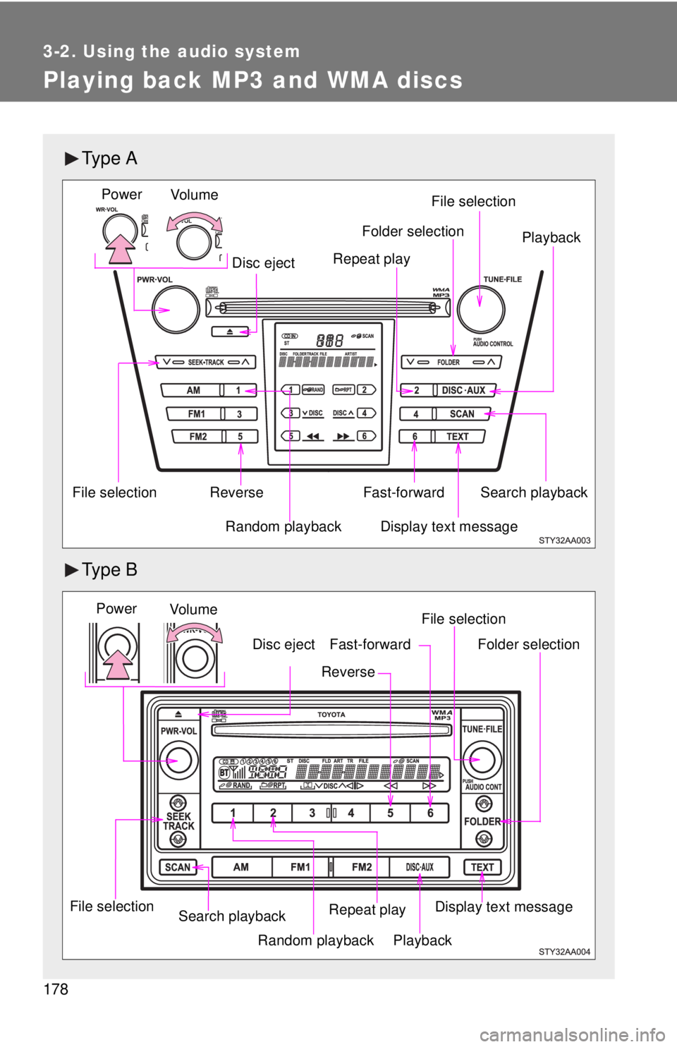 TOYOTA YARIS SEDAN 2008  Owners Manual 178
3-2. Using the audio system
Playing back MP3 and WMA discs
Ty p e  A
Ty p e  B
Vo lu m eRandom playback
File selection File selection
Repeat play Playback
Power
Disc eject
Display text message
Fol