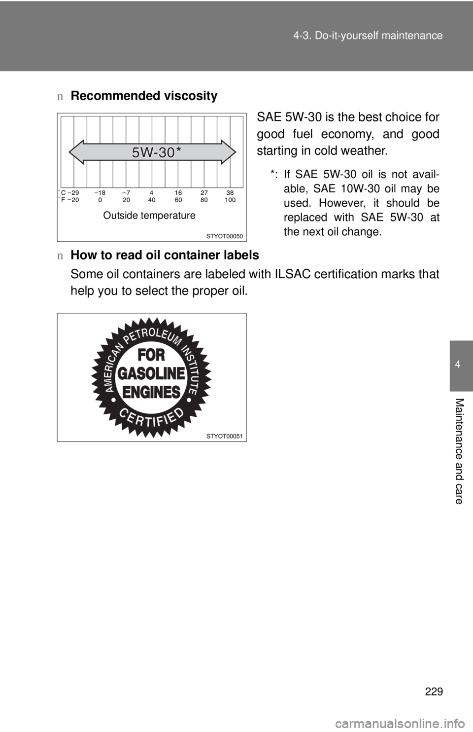 TOYOTA YARIS SEDAN 2008 Owners Manual 229
4-3. Do-it-yourself maintenance
4
Maintenance and care
n
Recommended viscosity
SAE 5W-30 is the best choice for
good fuel economy, and good
starting in cold weather.
*: If SAE 5W-30 oil is not ava TOYOTA YARIS SEDAN 2008 Owners Manual 229
4-3. Do-it-yourself maintenance
4
Maintenance and care
n
Recommended viscosity
SAE 5W-30 is the best choice for
good fuel economy, and good
starting in cold weather.
*: If SAE 5W-30 oil is not ava