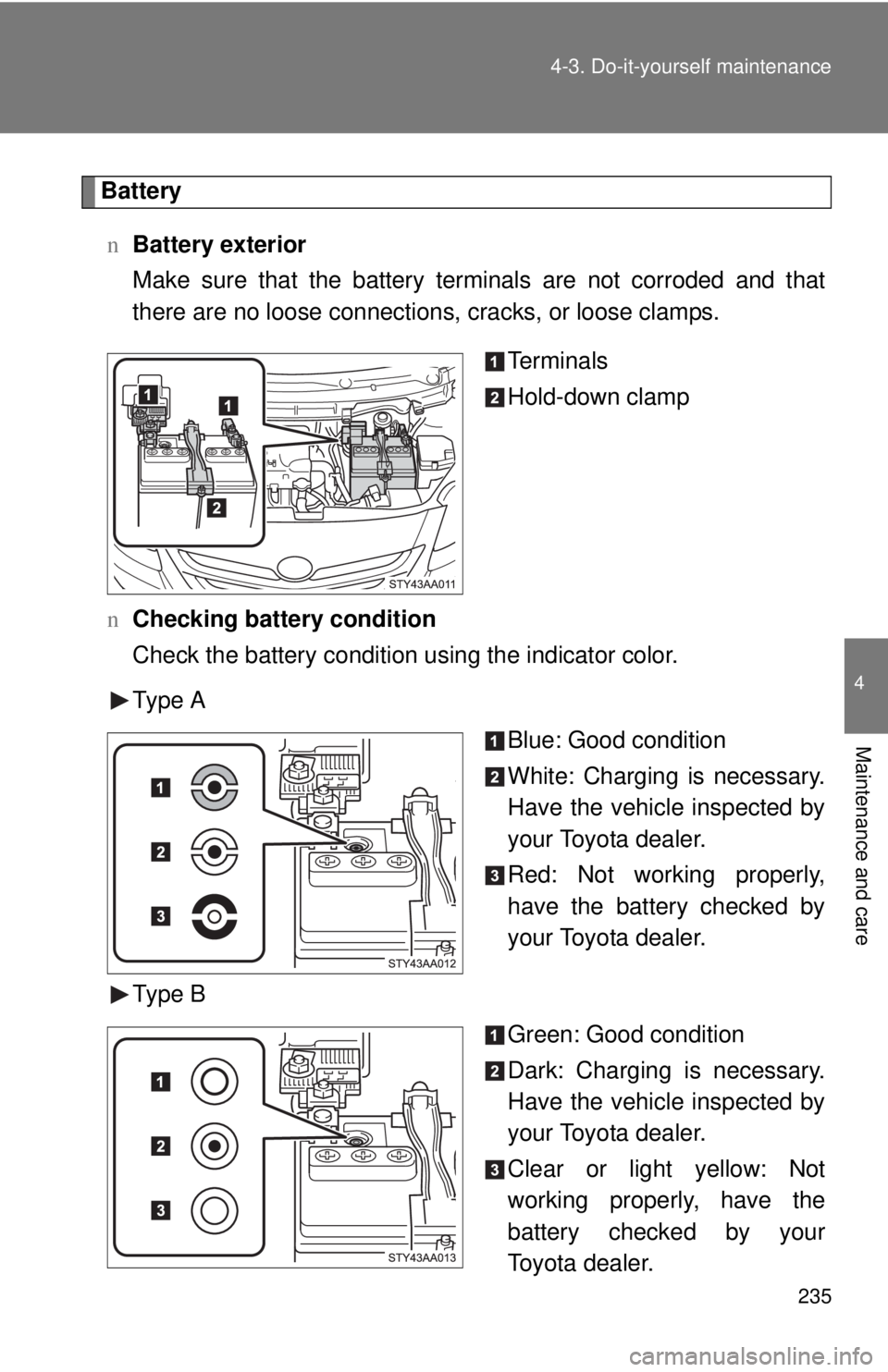 TOYOTA YARIS SEDAN 2008 Owners Manual 235
4-3. Do-it-yourself maintenance
4
Maintenance and care
Battery
n Battery exterior
Make sure that the battery terminals are not corroded and that
there are no loose connections, cracks, or loose c TOYOTA YARIS SEDAN 2008 Owners Manual 235
4-3. Do-it-yourself maintenance
4
Maintenance and care
Battery
n Battery exterior
Make sure that the battery terminals are not corroded and that
there are no loose connections, cracks, or loose c