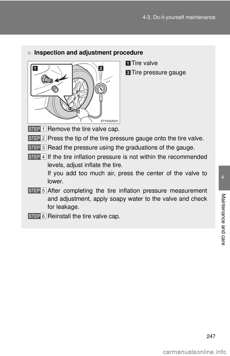 TOYOTA YARIS SEDAN 2008  Owners Manual 247
4-3. Do-it-yourself maintenance
4
Maintenance and care
n
Inspection and adjustment procedure
Tire valve
Tire pressure gauge
Remove the tire valve cap.
Press the tip of the tire pressure gauge onto