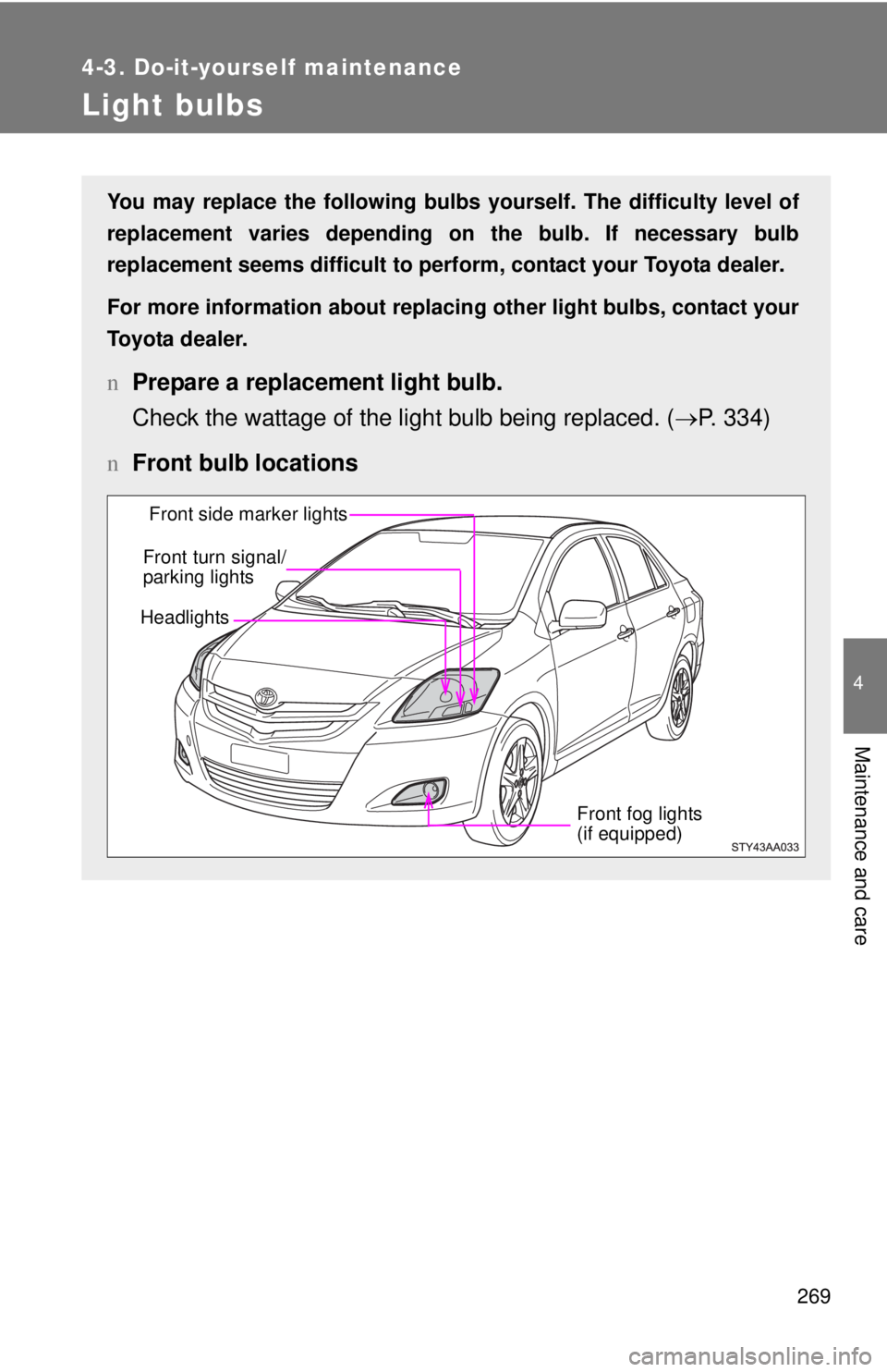 TOYOTA YARIS SEDAN 2008  Owners Manual 269
4-3. Do-it-yourself maintenance
4
Maintenance and care
Light bulbs
You may replace the following bulbs yourself. The difficulty level of
replacement varies depending on the bulb. If necessary bulb