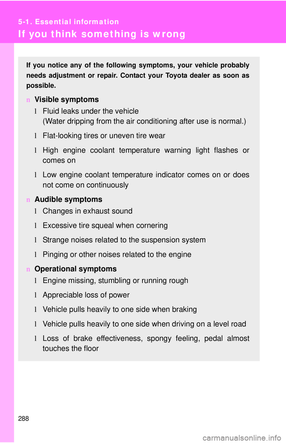TOYOTA YARIS SEDAN 2008  Owners Manual 288
5-1. Essential information
If you think something is wrong
If you notice any of the following symptoms, your vehicle probably
needs adjustment or repair. Contact your Toyota dealer as soon as
poss
