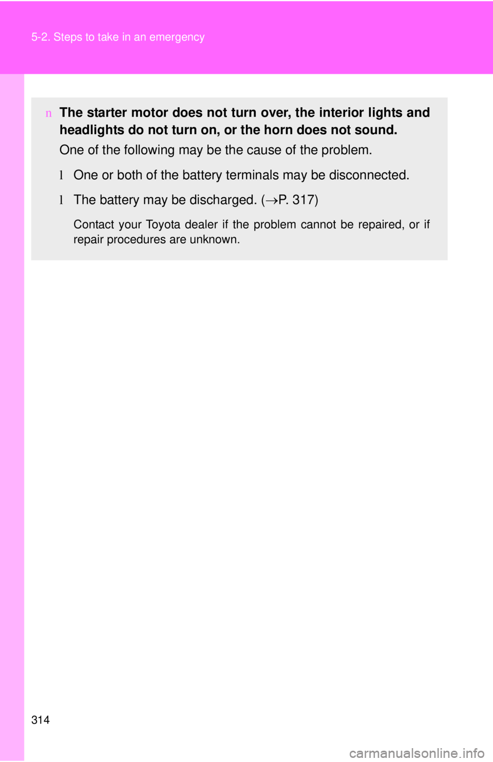 TOYOTA YARIS SEDAN 2008 Owners Manual 314 5-2. Steps to take in an emergency
nThe starter motor does not turn over, the interior lights and
headlights do not turn on, or the horn does not sound.
One of the following may be the cause of t TOYOTA YARIS SEDAN 2008 Owners Manual 314 5-2. Steps to take in an emergency
nThe starter motor does not turn over, the interior lights and
headlights do not turn on, or the horn does not sound.
One of the following may be the cause of t