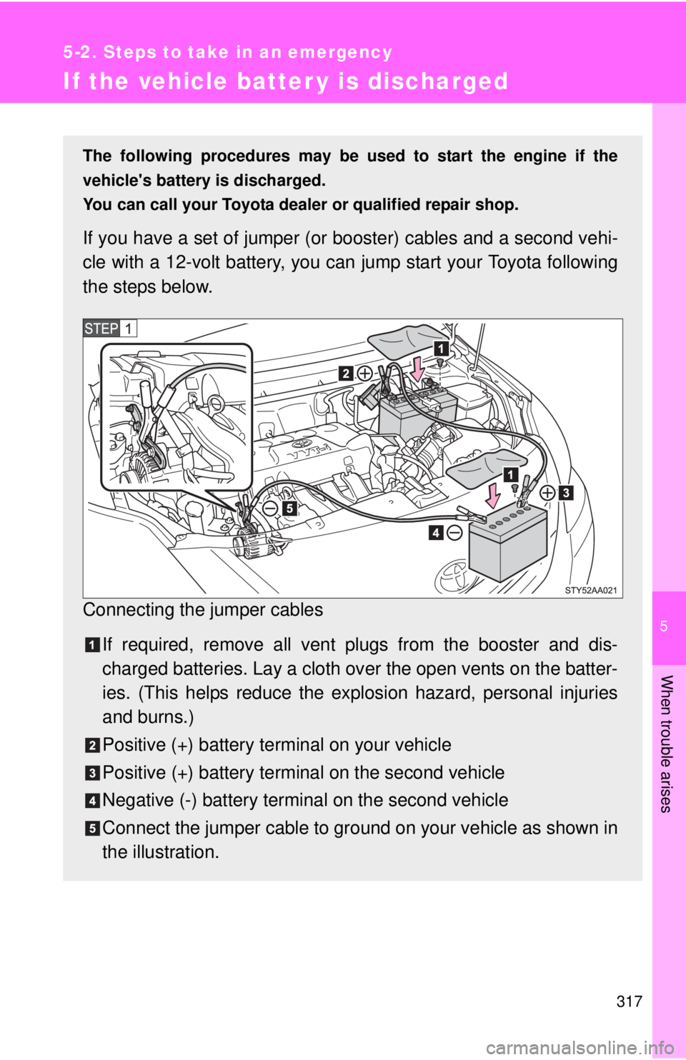 TOYOTA YARIS SEDAN 2008 Owners Manual 5
When trouble arises
317
5-2. Steps to take in an emergency
If the vehicle batter y is discharged
The following procedures may be used to start the engine if the
vehicles battery is discharged.
You TOYOTA YARIS SEDAN 2008 Owners Manual 5
When trouble arises
317
5-2. Steps to take in an emergency
If the vehicle batter y is discharged
The following procedures may be used to start the engine if the
vehicles battery is discharged.
You