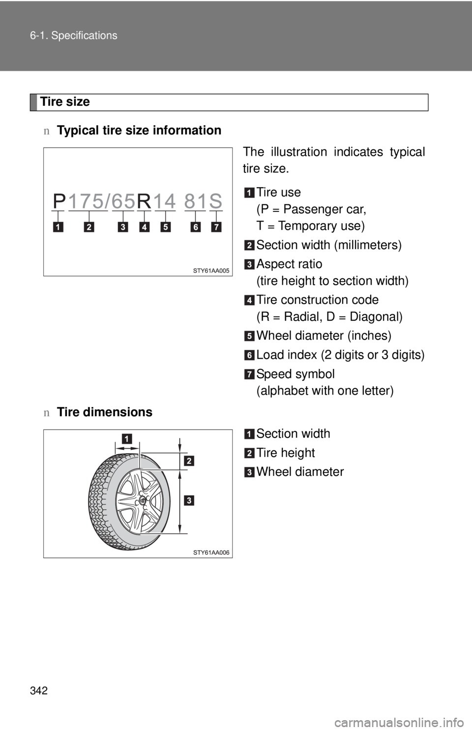 TOYOTA YARIS SEDAN 2008  Owners Manual 342 6-1. Specifications
Tire sizen Typical tire size information
The illustration indicates typical
tire size.
Tire use
(P = Passenger car,
T = Temporary use)
Section width (millimeters)
Aspect ratio
