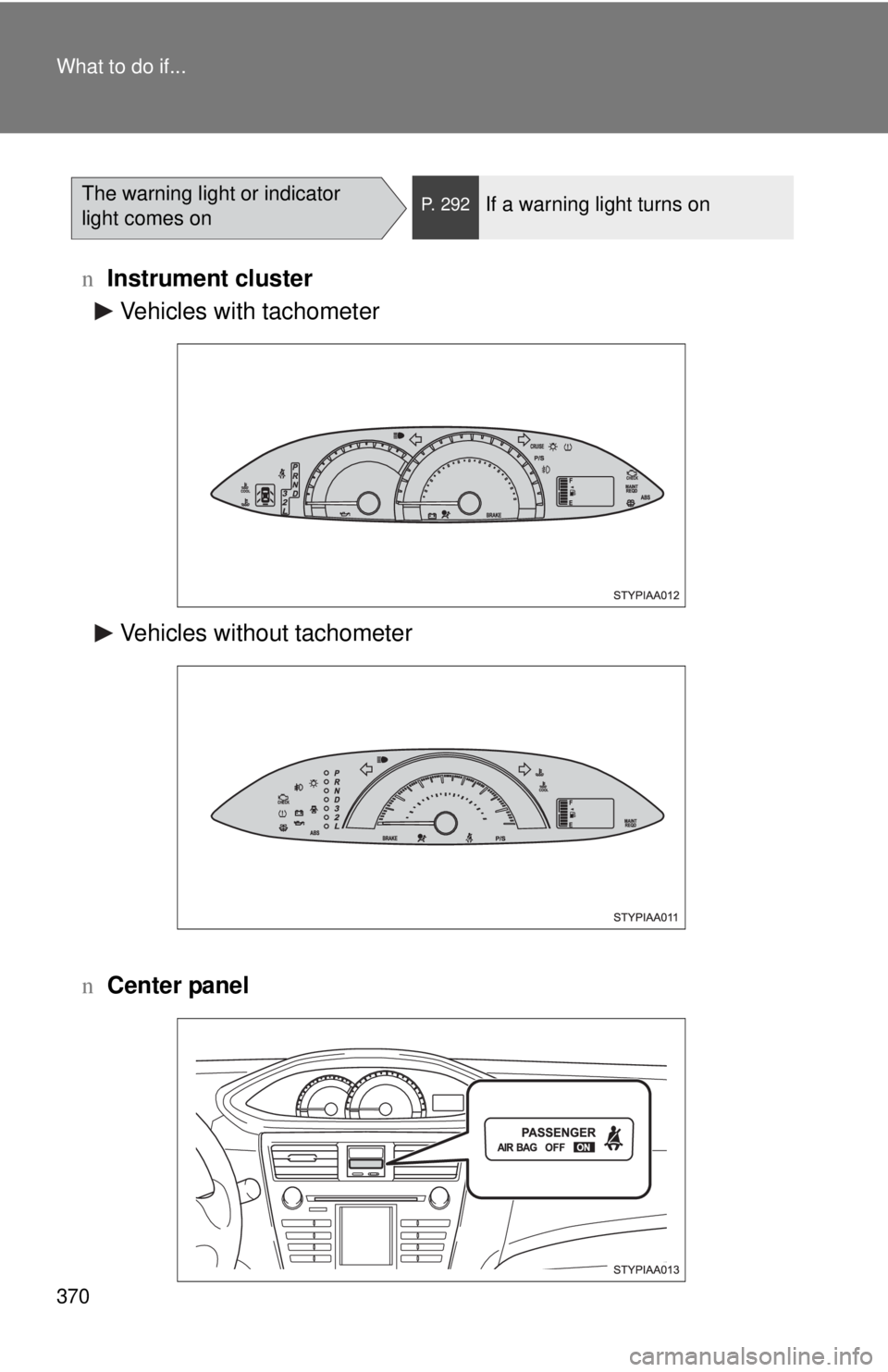 TOYOTA YARIS SEDAN 2008  Owners Manual 370 What to do if...
nInstrument cluster
n Center panel
The warning light or indicator 
light comes onP. 292If a warning light turns on
Vehicles with tachometer
Vehicles without tachometer 