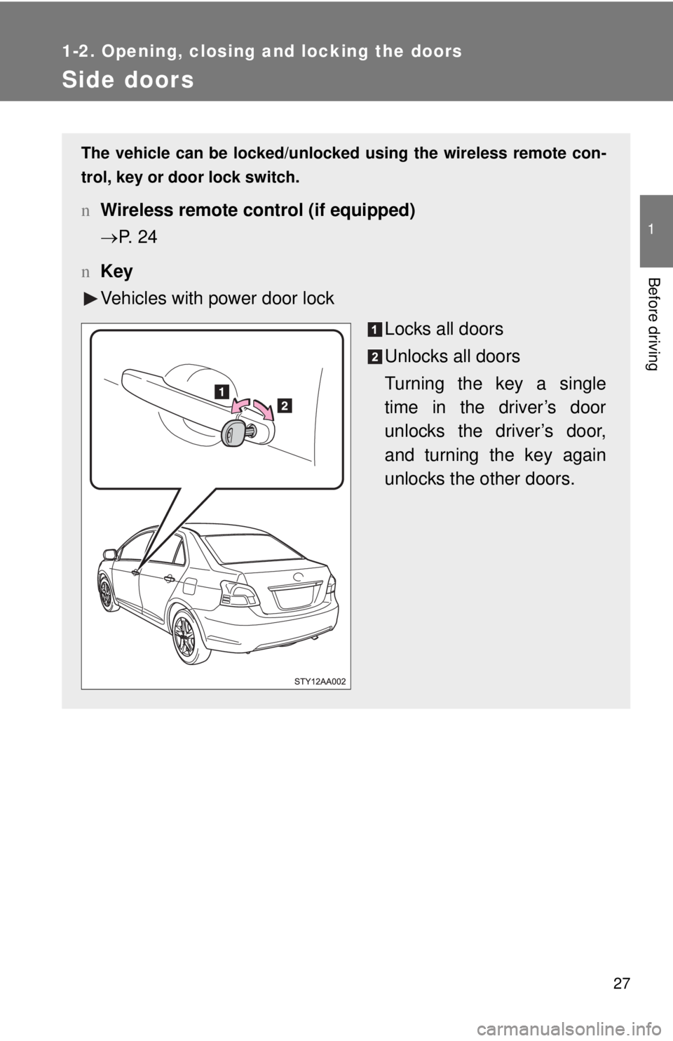 TOYOTA YARIS SEDAN 2008 Service Manual 27
1
1-2. Opening, closing and locking the doors
Before driving
Side doors
The vehicle can be locked/unlocked using the wireless remote con-
trol, key or door lock switch.
n Wireless remote control (i