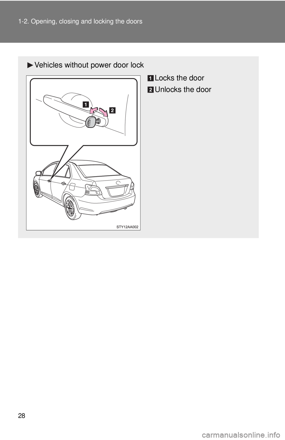 TOYOTA YARIS SEDAN 2008 Service Manual 28 1-2. Opening, closing and locking the doors
Vehicles without power door lockLocks the door
Unlocks the door 