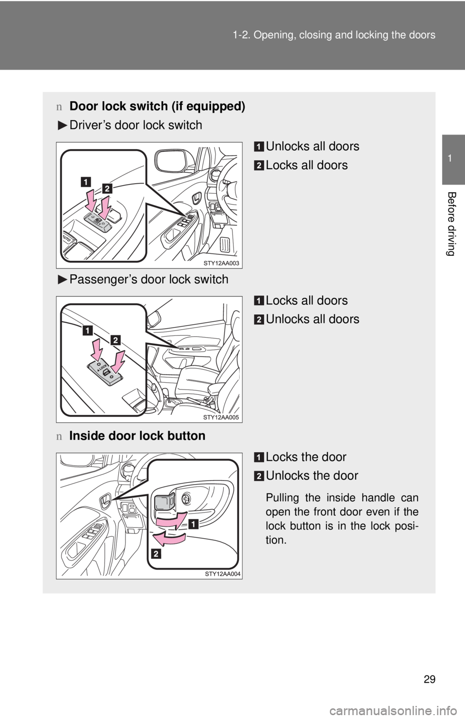 TOYOTA YARIS SEDAN 2008 Service Manual 29
1-2. Opening, closing and locking the doors
1
Before driving
n
Door lock switch (if equipped)
Driver’s door lock switch
Unlocks all doors
Locks all doors
Passenger’s door lock switch Locks all 