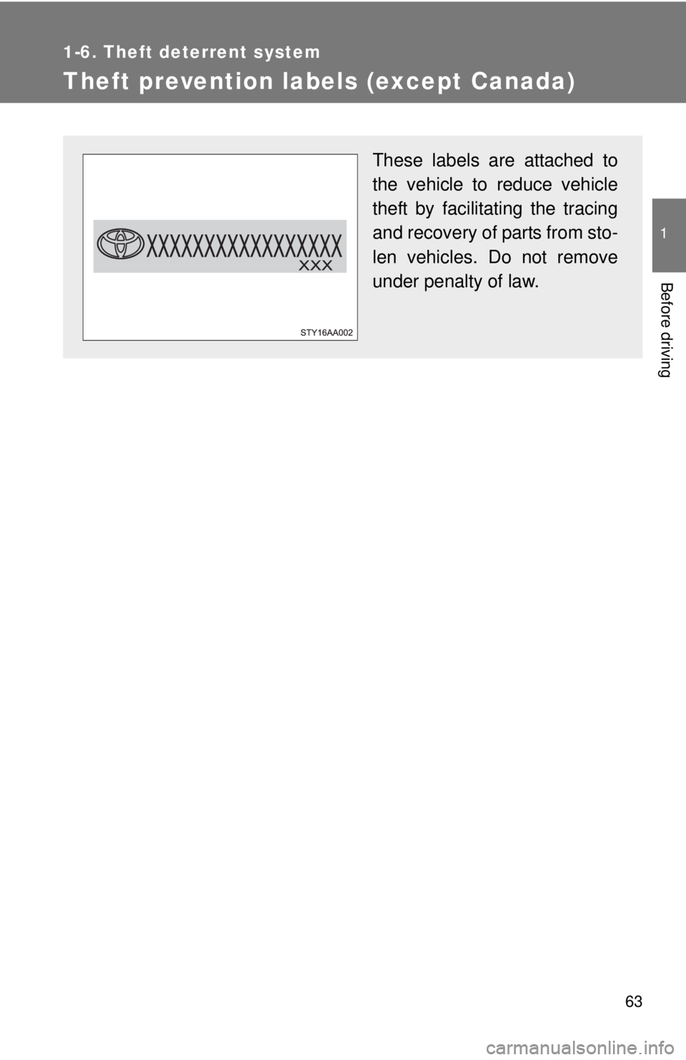 TOYOTA YARIS SEDAN 2008 Manual PDF 63
1
1-6. Theft deterrent system
Before driving
Theft prevention labels (except Canada)
These labels are attached to
the vehicle to reduce vehicle
theft by facilitating the tracing
and recovery of par