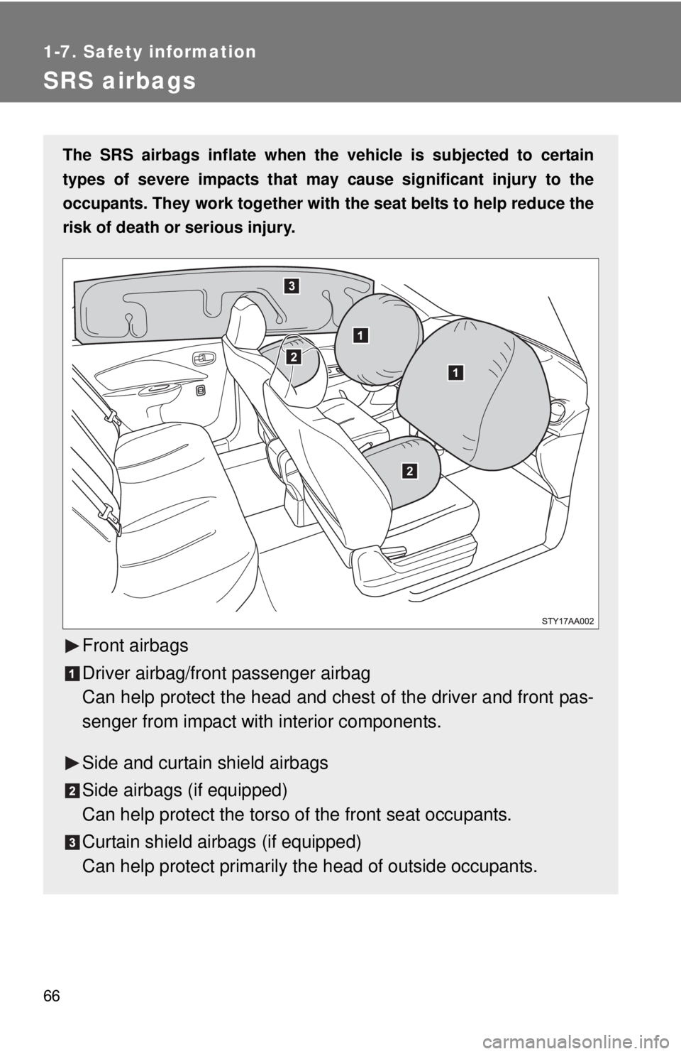 TOYOTA YARIS SEDAN 2008 Manual Online 66
1-7. Safety information
SRS airbags
The SRS airbags inflate when the vehicle is subjected to certain
types of severe impacts that may cause significant injury to the
occupants. They work together TOYOTA YARIS SEDAN 2008 Manual Online 66
1-7. Safety information
SRS airbags
The SRS airbags inflate when the vehicle is subjected to certain
types of severe impacts that may cause significant injury to the
occupants. They work together