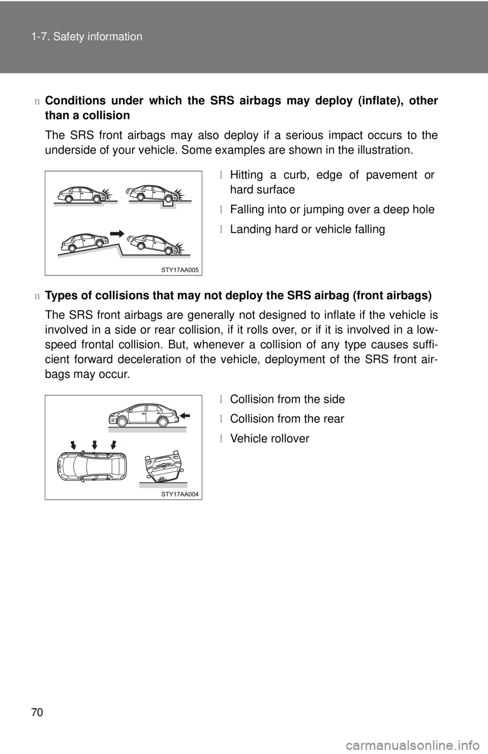 TOYOTA YARIS SEDAN 2008 Manual Online 70 1-7. Safety information
nConditions under which the SRS airbags may deploy (inflate), other
than a collision
The SRS front airbags may also deploy if a serious impact occurs to the
underside of you TOYOTA YARIS SEDAN 2008 Manual Online 70 1-7. Safety information
nConditions under which the SRS airbags may deploy (inflate), other
than a collision
The SRS front airbags may also deploy if a serious impact occurs to the
underside of you