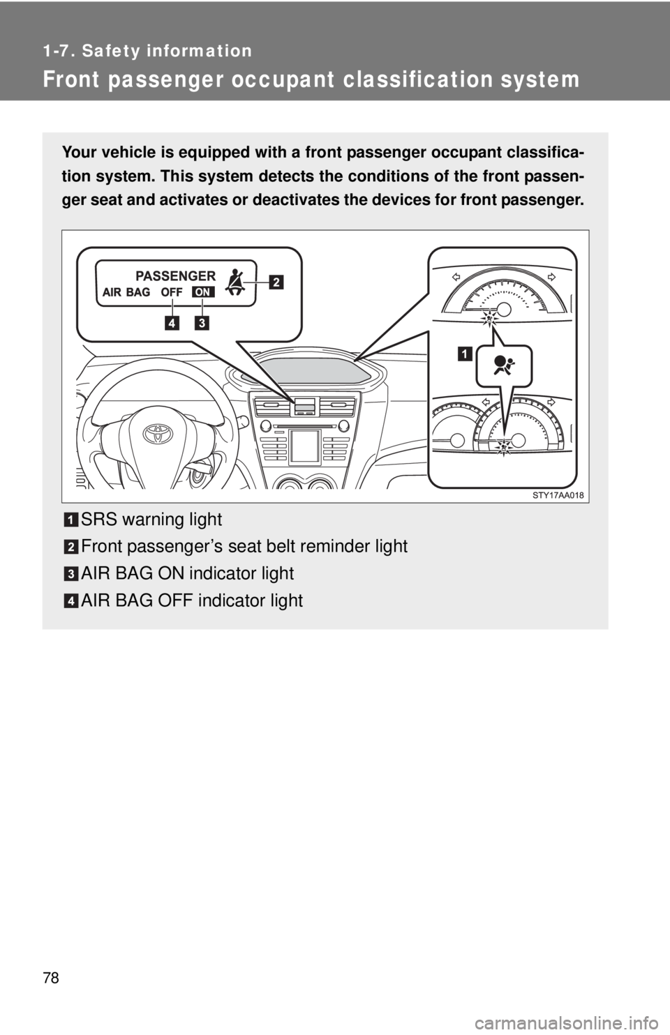 TOYOTA YARIS SEDAN 2008  Owners Manual 78
1-7. Safety information
Front passenger occupant classification system
Your vehicle is equipped with a front passenger occupant classifica-
tion system. This system detects the  conditions of the f