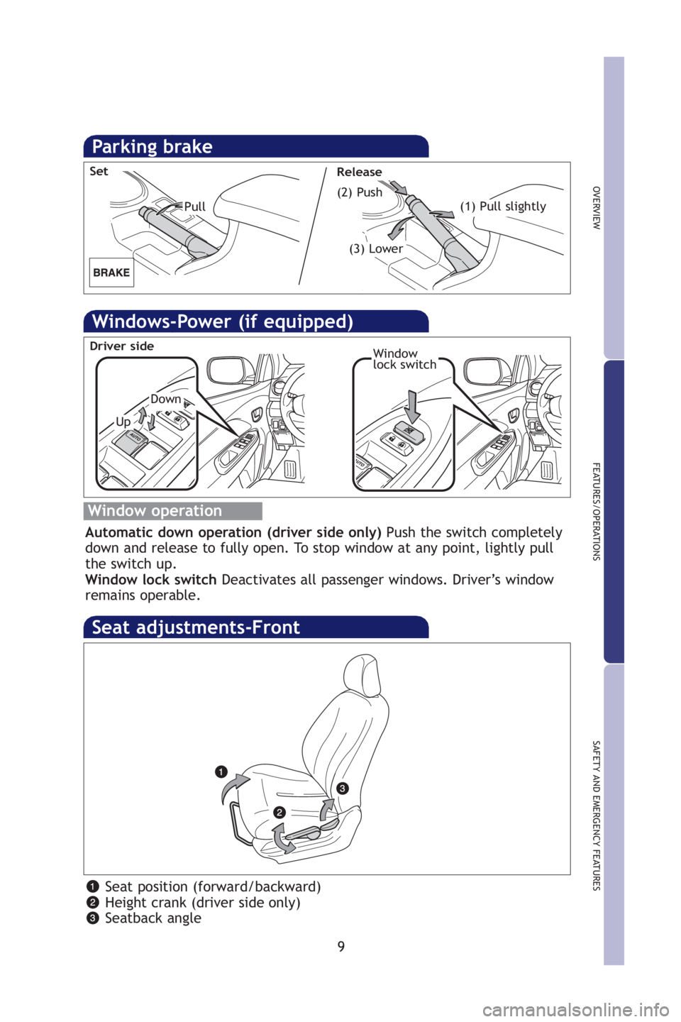 TOYOTA YARIS SEDAN 2009 User Guide 9
OVERVIEW
FEAT URES/OPER AT IONS
SAFETY AND  EMERGENCY FEAT URES
Seat adjustments-Front
Seat position  (forward/backward )
Height crank  (driver side only)
Seatback angle
Parking brake
Windows-Power 