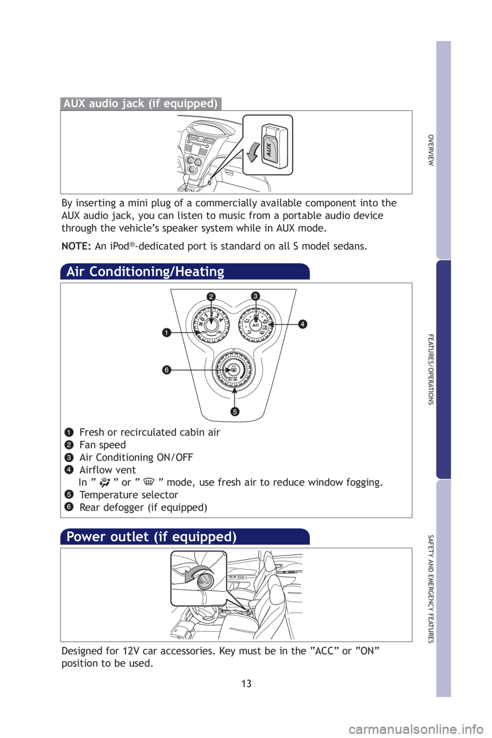 TOYOTA YARIS SEDAN 2009 User Guide 13
OVERVIEW
FEAT URES/OPER AT IONS
SAFETY AND  EMERGENCY FEAT URES
Fresh or recirculated cabin air
Fan speed 
Air Conditioning  ON/OFF 
Airflow vent 
In “ ” or “ ” mode, use fresh air to reduc