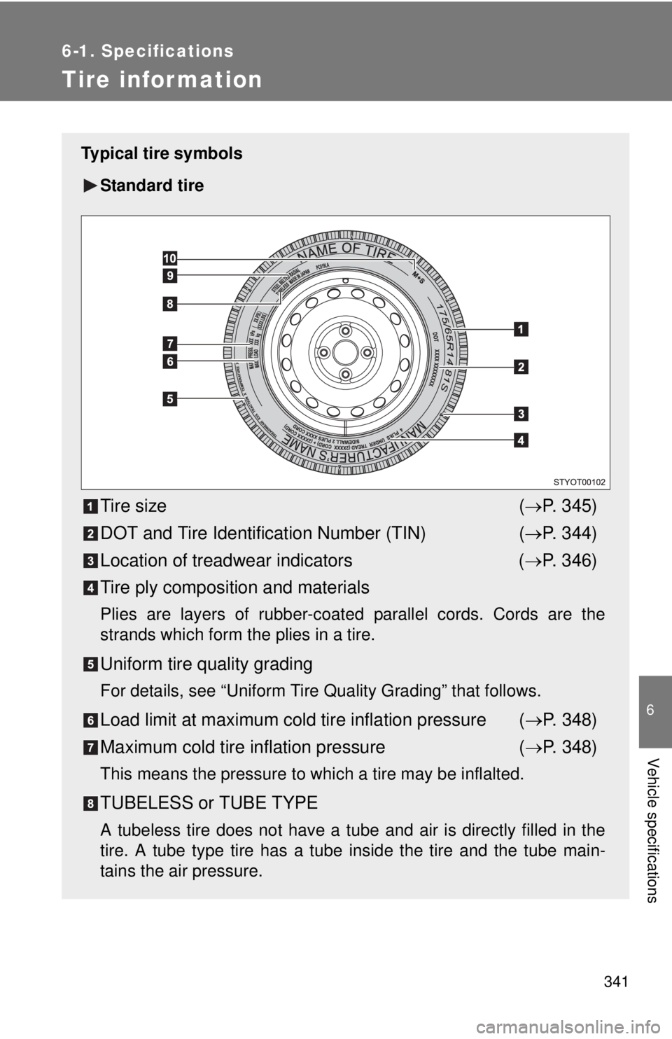 TOYOTA YARIS SEDAN 2009 Owners Manual 341
6-1. Specifications
6
Vehicle specifications
Tire infor mation
Typical tire symbolsStandard tire
Tire size (→ P. 345)
DOT and Tire Identification Number (TIN) (→ P. 344)
Location of treadwear TOYOTA YARIS SEDAN 2009 Owners Manual 341
6-1. Specifications
6
Vehicle specifications
Tire infor mation
Typical tire symbolsStandard tire
Tire size (→ P. 345)
DOT and Tire Identification Number (TIN) (→ P. 344)
Location of treadwear