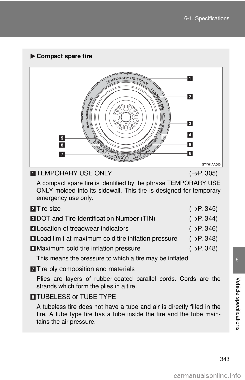 TOYOTA YARIS SEDAN 2009 Owners Manual 343
6-1. Specifications
6
Vehicle specifications
Compact spare tire
TEMPORARY USE ONLY
(→ P. 305)
A compact spare tire is identified by the phrase TEMPORARY USE
ONLY molded into its sidewall. Th is TOYOTA YARIS SEDAN 2009 Owners Manual 343
6-1. Specifications
6
Vehicle specifications
Compact spare tire
TEMPORARY USE ONLY
(→ P. 305)
A compact spare tire is identified by the phrase TEMPORARY USE
ONLY molded into its sidewall. Th is