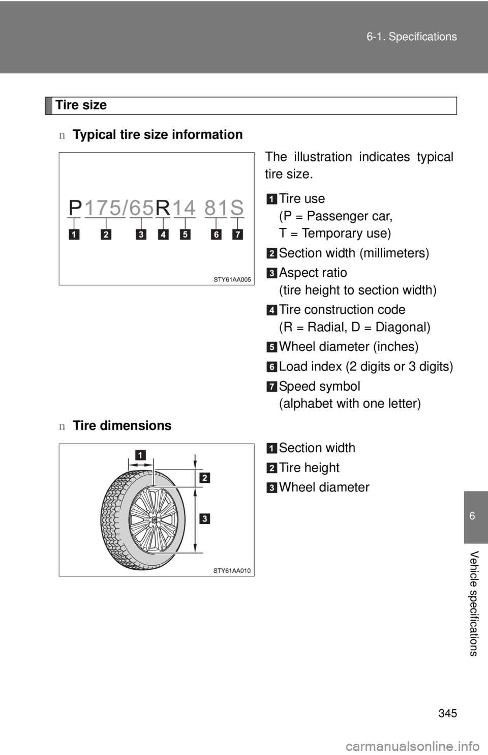 TOYOTA YARIS SEDAN 2009 Owners Manual 345
6-1. Specifications
6
Vehicle specifications
Tire size
n Typical tire size information
The illustration indicates typical
tire size.
Tire use
(P = Passenger car,
T = Temporary use)
Section width ( TOYOTA YARIS SEDAN 2009 Owners Manual 345
6-1. Specifications
6
Vehicle specifications
Tire size
n Typical tire size information
The illustration indicates typical
tire size.
Tire use
(P = Passenger car,
T = Temporary use)
Section width (