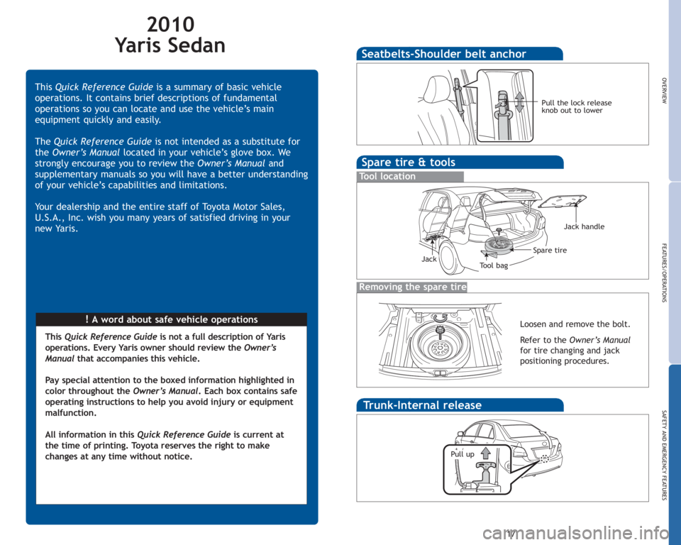 TOYOTA YARIS SEDAN 2010 Owners Manual 2010
Ya r i s S e d a n
!Awordaboutsafevehicleoperations
This
Quick Reference Guide is a summary of basic vehicle
operations. It contains brief descriptions of fundamental
operations so you can locate TOYOTA YARIS SEDAN 2010 Owners Manual 2010
Ya r i s S e d a n
!Awordaboutsafevehicleoperations
This
Quick Reference Guide is a summary of basic vehicle
operations. It contains brief descriptions of fundamental
operations so you can locate