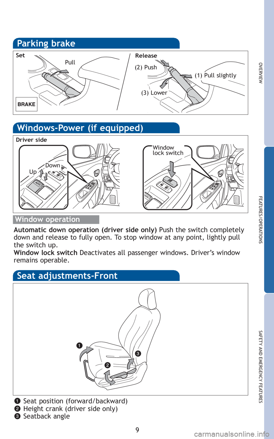 TOYOTA YARIS SEDAN 2010 User Guide 9
OVERVIEW
FEATURES/OPERATIONS
SAFETY AND EMERGENCY FEATURES
Seat adjustments-Front
Seat position (forward/backward)
Height crank (driver side only)
Seatback angle
Parking brake
Windows-Power (if equi