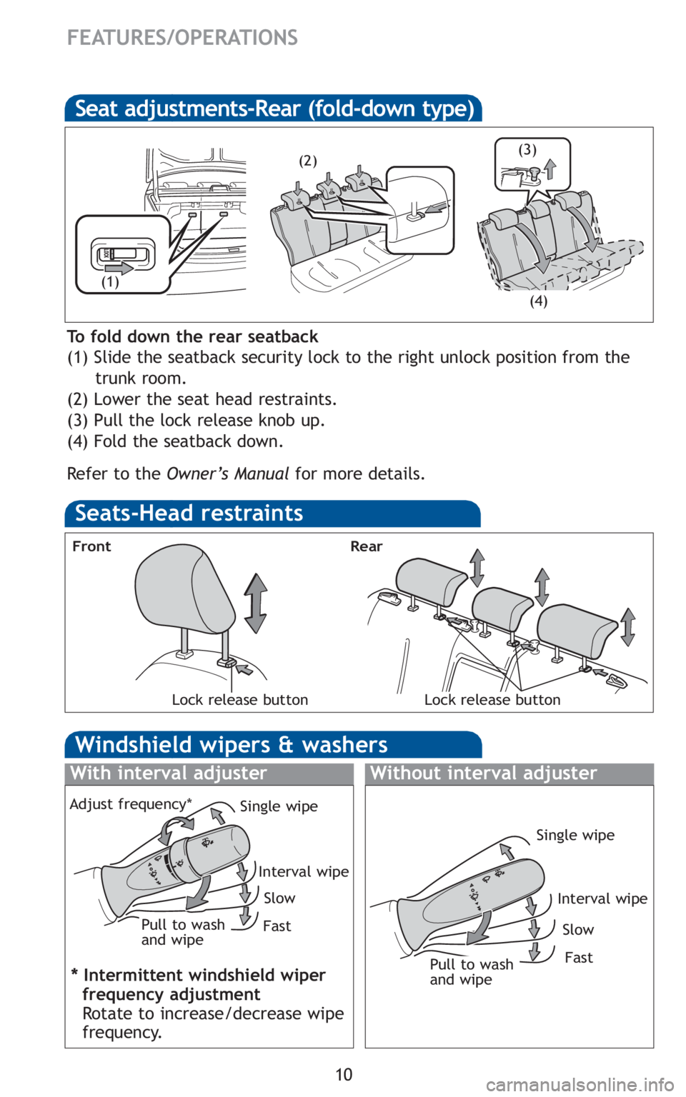 TOYOTA YARIS SEDAN 2010 User Guide 10
FEATURES/OPERATIONS
Seats-Head restraints
Lock release button
Front
Seat adjustments-Rear (fold-down type)
To fold down the rear seatback
(1) Slide the seatback security lock to the right unlock po