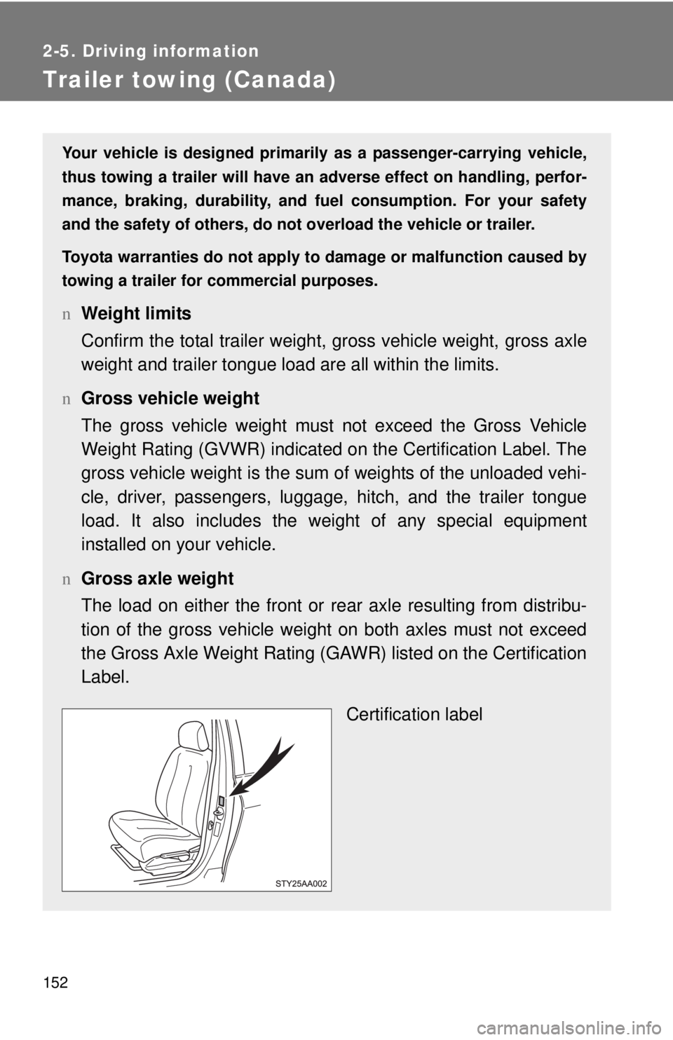 TOYOTA YARIS SEDAN 2010  Owners Manual 152
2-5. Driving information
Trailer towing (Canada)
Your vehicle is designed primarily as a passenger-carrying vehicle,
thus towing a trailer will have an ad verse effect on handling, perfor-
mance, 