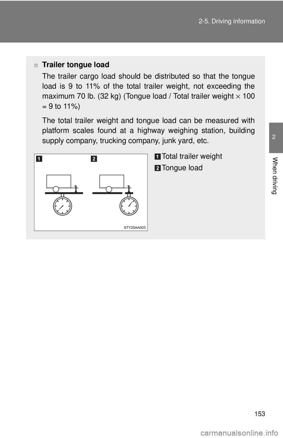 TOYOTA YARIS SEDAN 2010  Owners Manual 153
2-5. Driving information
2
When driving
n
Trailer tongue load
The trailer cargo load should be  distributed so that the tongue
load is 9 to 11% of the total trailer weight, not exceeding the
maxim