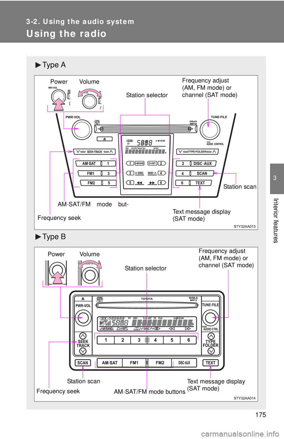 TOYOTA YARIS SEDAN 2010 Owners Manual 175
3-2. Using the audio system
3
Interior features
Using the radio
\
Ty p e A
Ty p e B
Vol u m eStation selector
Frequency seek Frequency adjust
(AM, FM mode) or
channel (SAT mode)
AM·SAT/FM mod TOYOTA YARIS SEDAN 2010 Owners Manual 175
3-2. Using the audio system
3
Interior features
Using the radio
\
Ty p e A
Ty p e B
Vol u m eStation selector
Frequency seek Frequency adjust
(AM, FM mode) or
channel (SAT mode)
AM·SAT/FM mod