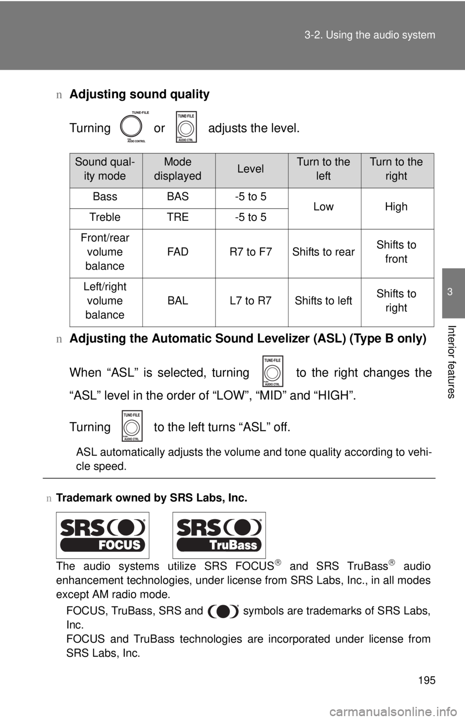 TOYOTA YARIS SEDAN 2010 Owners Manual 195
3-2. Using the audio system
3
Interior features
n
Adjusting sound quality
Turning or adjusts the level.
n Adjusting the Automatic Sound Levelizer (ASL) (Type B only)
When “ASL” is selected TOYOTA YARIS SEDAN 2010 Owners Manual 195
3-2. Using the audio system
3
Interior features
n
Adjusting sound quality
Turning or adjusts the level.
n Adjusting the Automatic Sound Levelizer (ASL) (Type B only)
When “ASL” is selected