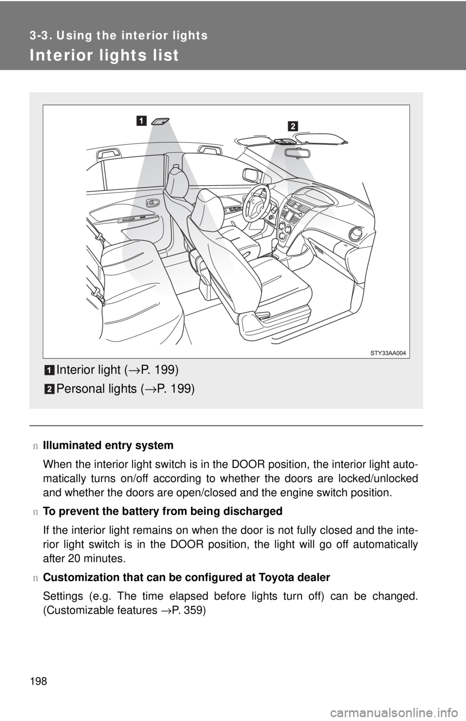 TOYOTA YARIS SEDAN 2010 Owners Manual 198
3-3. Using the interior lights
Interior lights list
nIlluminated entry system
When the interior light switch is in the DOOR position, the interior light auto-
matically turns on/off according to w TOYOTA YARIS SEDAN 2010 Owners Manual 198
3-3. Using the interior lights
Interior lights list
nIlluminated entry system
When the interior light switch is in the DOOR position, the interior light auto-
matically turns on/off according to w