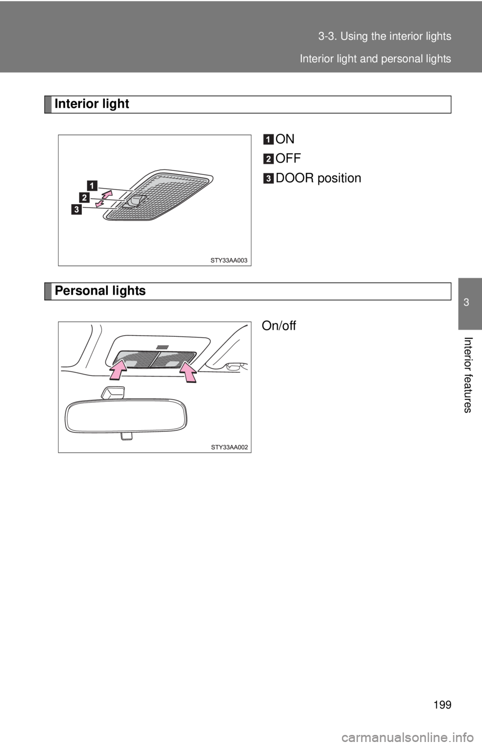 TOYOTA YARIS SEDAN 2010  Owners Manual 199
3-3. Using the interior lights
3
Interior features
Interior light
ON
OFF
DOOR position
Personal lightsOn/off
Interior light and personal lights 