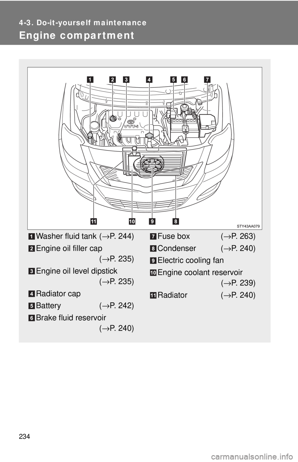 TOYOTA YARIS SEDAN 2010  Owners Manual 234
4-3. Do-it-yourself maintenance
Engine compar tment
Washer fluid tank (→P. 244)
Engine oil filler cap (→ P. 235)
Engine oil level dipstick (→ P. 235)
Radiator cap
Battery ( →P. 242)
Brake 