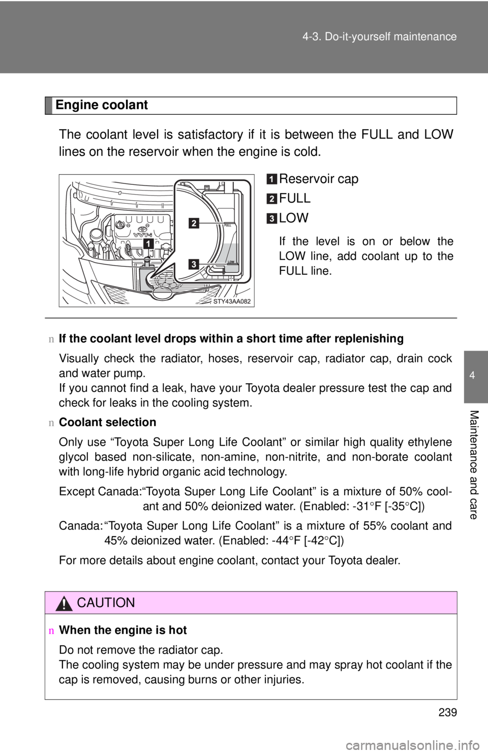 TOYOTA YARIS SEDAN 2010  Owners Manual 239
4-3. Do-it-yourself maintenance
4
Maintenance and care
Engine coolant
The coolant level is satisfactory if  it is between the FULL and LOW
lines on the reservoir when the engine is cold.
Reservoir