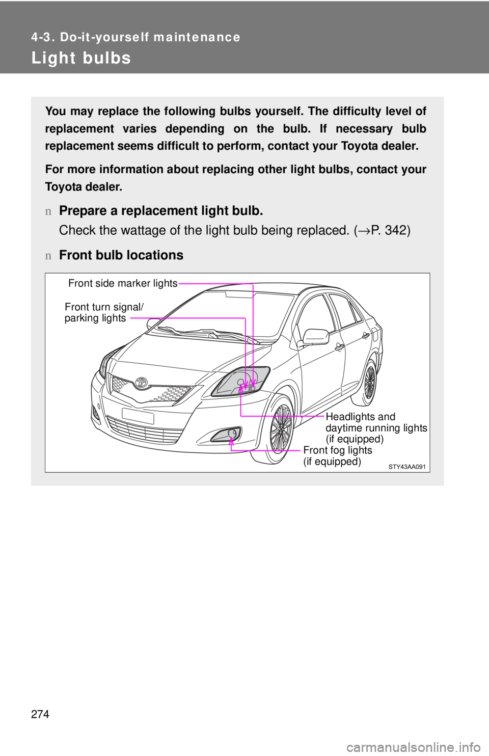 TOYOTA YARIS SEDAN 2010 Owners Manual 274
4-3. Do-it-yourself maintenance
Light bulbs
You may replace the following bulbs yourself. The difficulty level of
replacement varies depending on the bulb. If necessary bulb
replacement seems diff TOYOTA YARIS SEDAN 2010 Owners Manual 274
4-3. Do-it-yourself maintenance
Light bulbs
You may replace the following bulbs yourself. The difficulty level of
replacement varies depending on the bulb. If necessary bulb
replacement seems diff